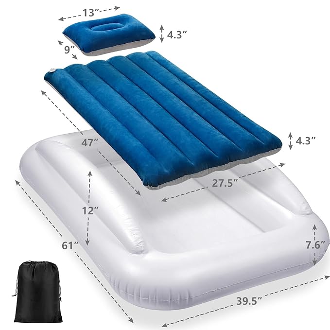 Inflatable Toddler Travel Bed, Portable Toddler Bed | Kids Air Mattress with Sides | Reversible 2 Colors Kids Blow Up Mattress -Navy Blue & Grey