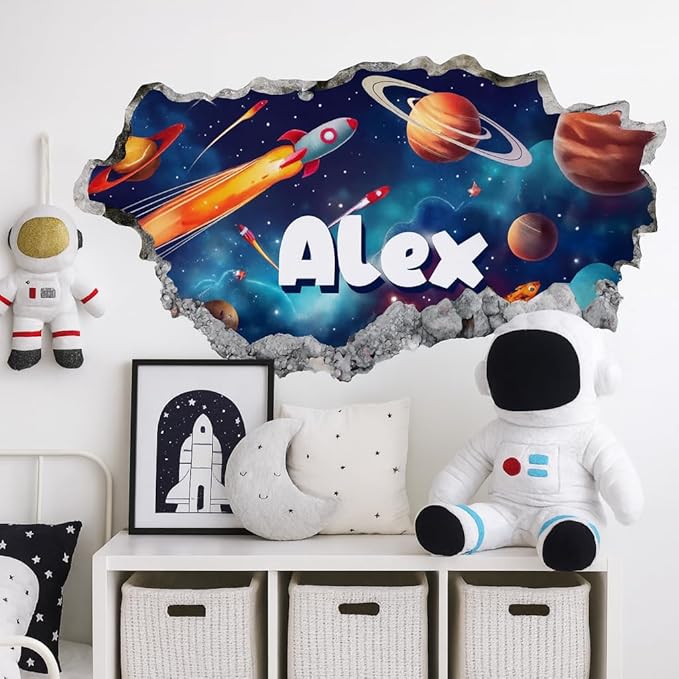 Personalized Space 3D Wall Hole Decal for Kids Room – Custom Name Rocket Galaxy Planet Wall Sticker for Boys Bedroom – Outer Space Themed Wall Art for Nursery Playroom – Removable Vinyl Decor