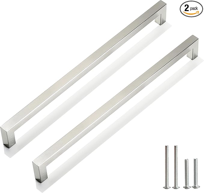 Cabinet Pulls Brushed Nickel Cabinet Handles Square Drawer Pulls, 2 Pack 11-1/3 Inch Stainless Steel Kitchen Door Cupboard Cabinet Handles, Cabinet Hardware Drawer Handles, 288mm Hole Centers