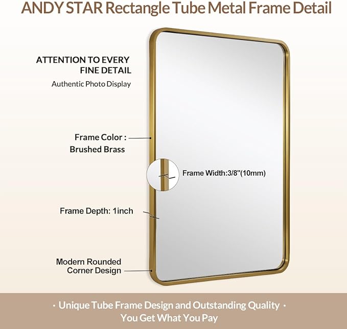 ANDY STAR 24x40 Inch Gold Bathroom Mirror, Rounded Rectangle Mirror, Brushed Brass Bathroom Vanity Mirror Oblong Tube Metal Framed, SUS304-Anti-Rust, Wall-Mounted Horizontal/Vertical 1’’ Deep