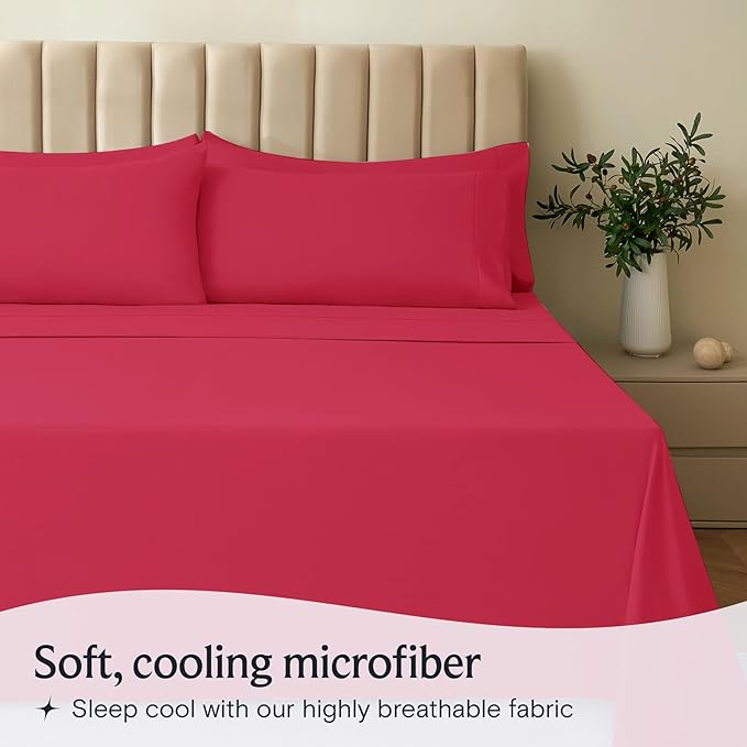 LuxClub 4 PC Sheet Set Bed Sheets Deep Pockets 16" Eco Friendly Wrinkle Free Cooling Machine Washable Hotel Bedding Silky Soft - Red California King