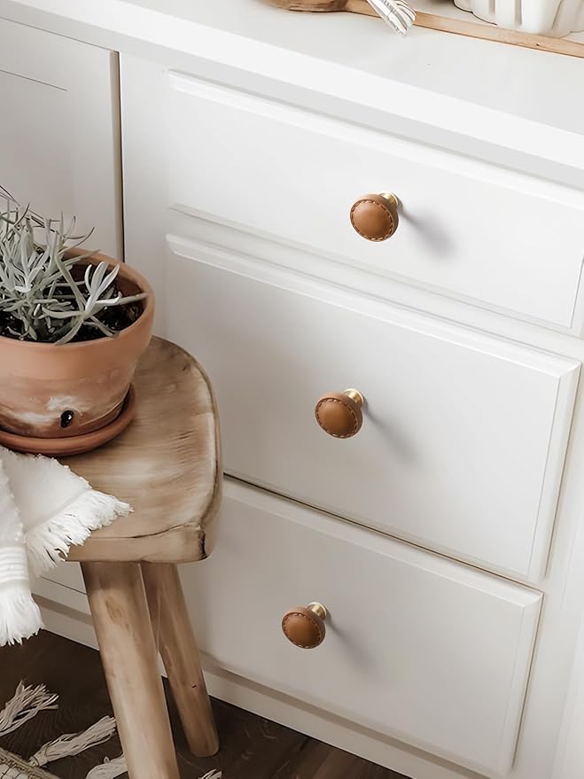 2 Pack Brown Leather Drawer Pulls Round Leather Handles Cabinet knobs for Kitchen Bathroom Cabinets Dressers Furniture Handles