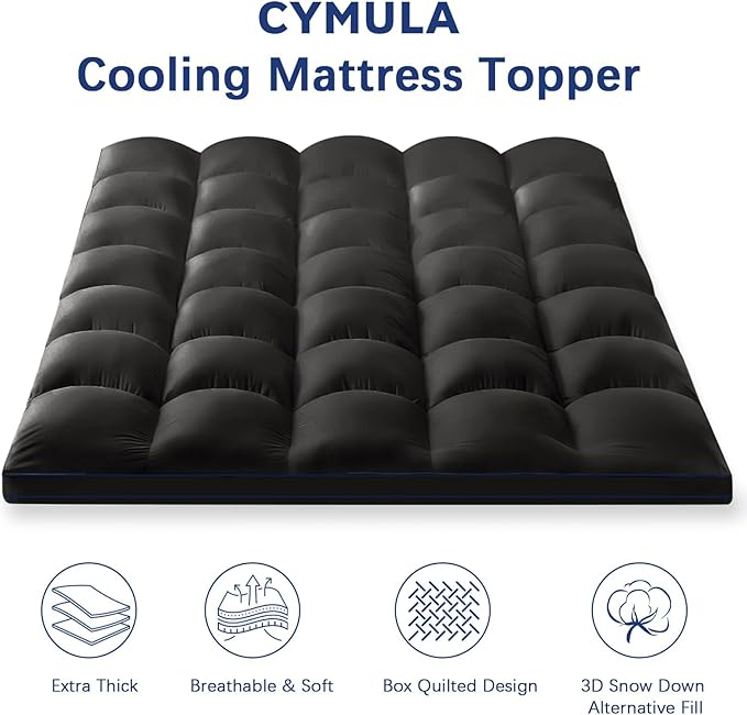 CYMULA Full Size Mattress Topper, Black Cooling Mattress Pad Cover, Thick Full Bed Pillow Topper Soft Firm with Deep Pockets, Washable Plush Down Alternative Fill Mattress Protector