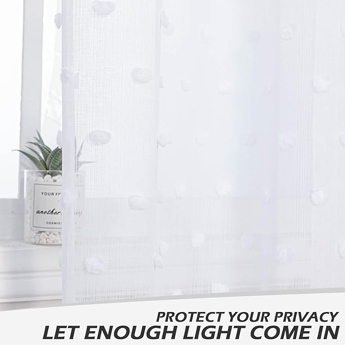 MYSKY HOME Living Room Pom Pom Sheer Curtains - White, Light Filtering, 95Inch Length, Rod Pocket, 52 x 95 inch, 2 Pieces