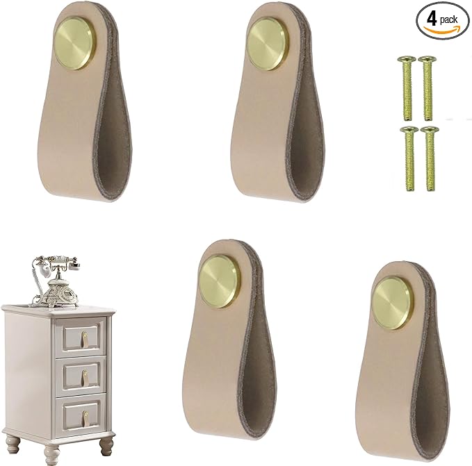 Leather Drawer Pulls and Knobs Soft Cabinet Handles Modern Cabinets Door Knob for Furniture Cupboards Wardrobe Dresser Decorative Handle with Screw 4 Pcs (Flesh Color)