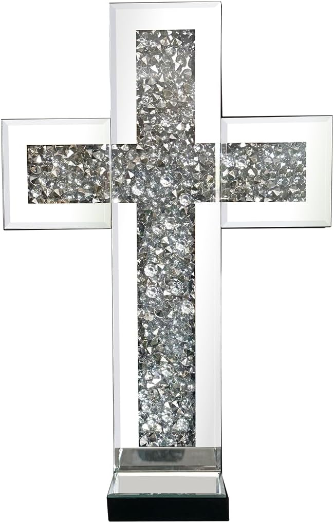 Crystal Crush Diamond Mirrored Candle Sconces, Silver Wall Candle Holder Set of 2, Wall Decoration for Living Room，Dining Room (Silver Cross)