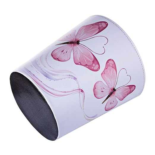 10L/2.64 Gallon PU Leather Trash Can Decorative Waterproof Wastebasket Paper Basket Garbage Bin for Home Office Bathroom - Pink Butterfly