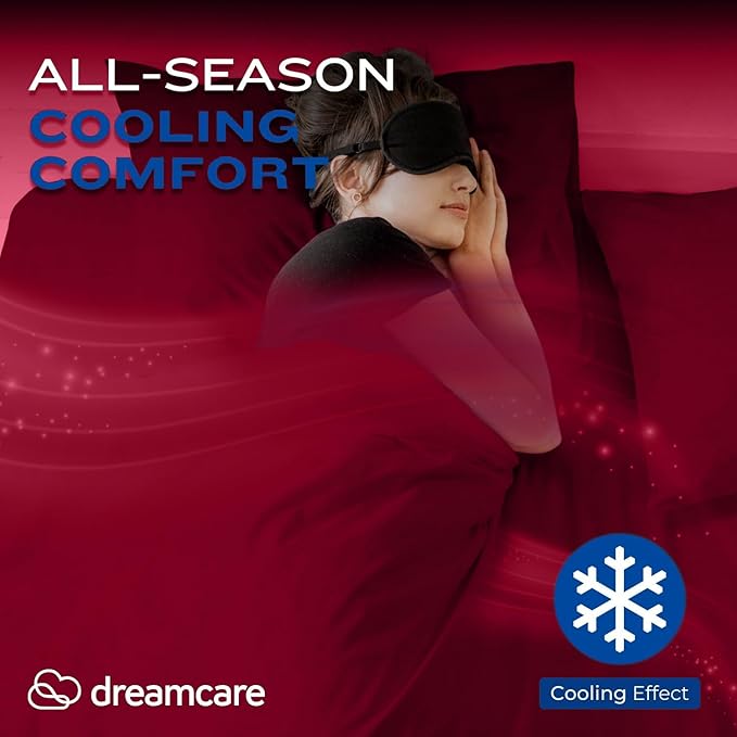 DREAMCARE Full Size Cooling Sheets - 4pcs Set - Soft & Long Lasting 100% Fine Brushed Polyester with Side Pocket - Burgundy
