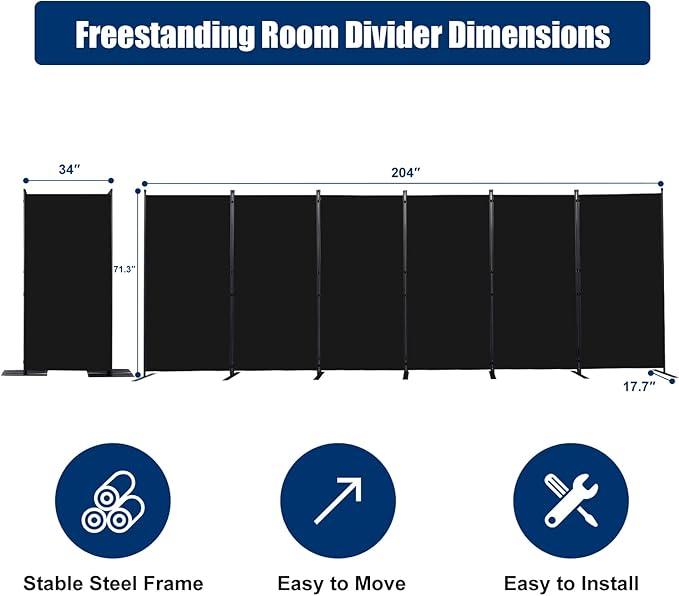 Room Divider 6FT Portable Room Dividers and Folding Privacy Screens, 204'' W Fabric Divider for Room Separation, 6 Panel Partition Room Dividers Freestanding Wall Divider Screen for Dorm Studio Office