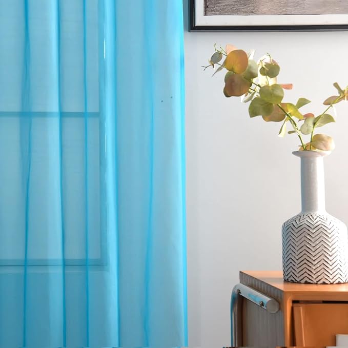SpaceDresser Basic Rod Pocket Sheer Voile Window Curtain Panels Cyan Blue 1 - Image 3