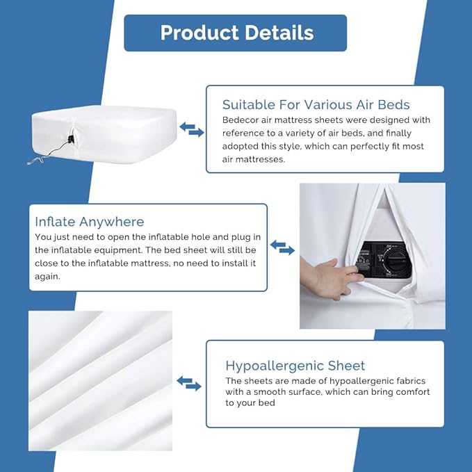 Bedecor Fitted Sheet for Air Mattress Inflate Without Disassembly Convenient & Firm Deep up to 21" White -Full