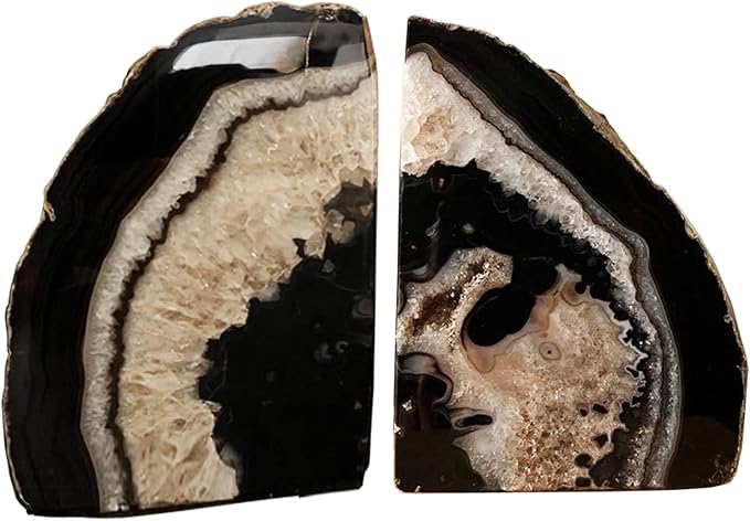 AMOYSTONE Black Geode Bookends Agate Decorative Book Ends for Shelves Heavy Duty Crystal Quartz Bookends with Rubber Bumpers(1 Pair, 3-4 LBS)