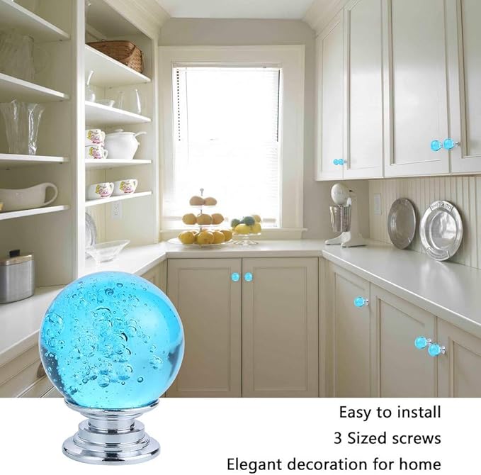 IEIK10 PCS Crystal Cabinet Knobs Azure Blue Round Glass Bubbles Knobs Smooth Drawer Pulls Handle for Home, Cabinet, Drawer and Dresser with 3 Different Size Screws, 30MM (Aqua Blue)