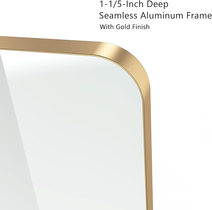 VocalStar 18 x 26 Inch Gold Bathroom Mirror for Wall, Metal Framed Rounded Rectangle Vanity Mirror, 1/4-inch Shatterproof Glass | Ultra-Flush Hanging