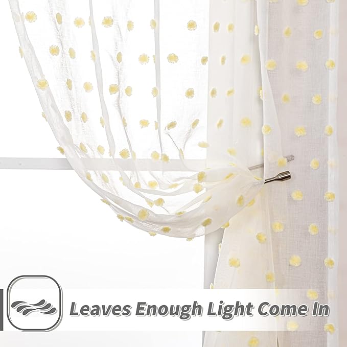 MYSKY HOME Curtains for Bedroom Yellow Pom Pom Curtains for Living Room 72 Inch Length Long Doorway White Sheer Curtains for Nursery Teens Kids Room Set of 2 Rod Pocket Farmhouse 52 x 72 in