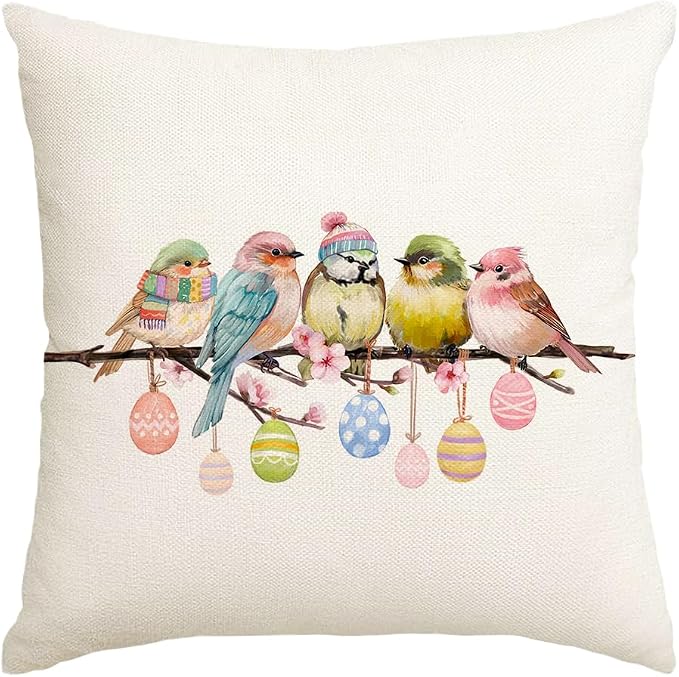 RABUSOFA Easter Pillow Covers 18x18 inch Easter Decorations Pink Birds Colorful by RABUSOFA