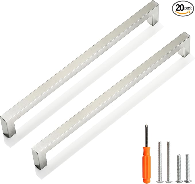 Cabinet Pulls Brushed Nickel Cabinet Handles Square Drawer Pulls, 20 Pack 10 Inch Stainless Steel Kitchen Door Cupboard Cabinet Handles, Cabinet Hardware Drawer Handles, 256mm Hole Centers