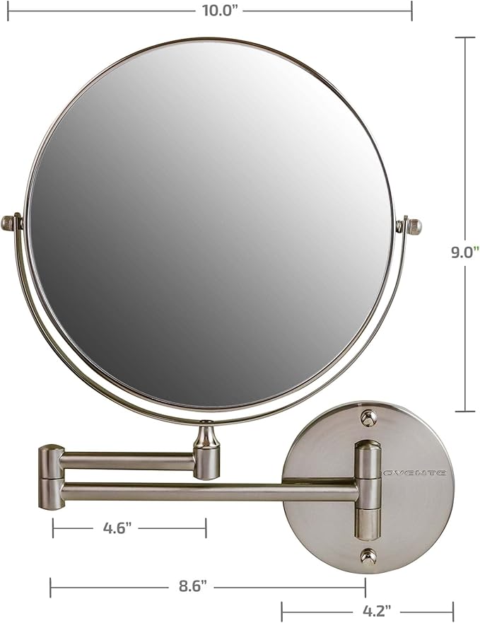 OVENTE 9" Wall Mounted Makeup Mirror with 1X/7X Magnification, Double Sided Magnifying Round Bathroom Vanity Mirror, 360° Swivel Design, Extendable and Folding Arm, Nickel Brushed MNLFW90BR1X7X