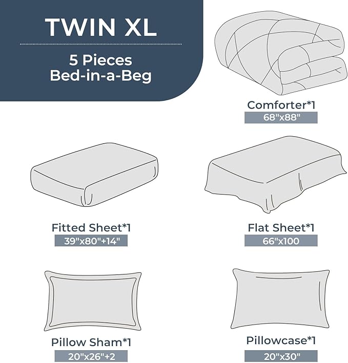 HEVUMYI Twin-XL Comforter Set - 5-Piece All Season Bed in a Bag Twin-XL, Ultra Soft Bedding Set with Comforter, Flat Sheet, Fitted Sheet, Pillowcases, Pillow Shams, Dark Grey & Light Grey