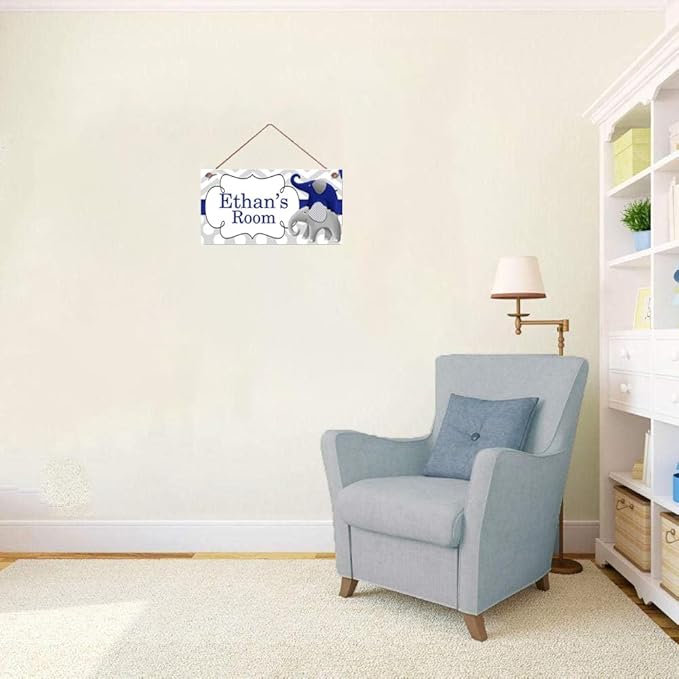 Personalized Cute Elephant Signs - Funny Cartoon Wall Decor for Kids Room, Girls Living Room, Boys Bedroom & Little Man Cave - Custom Name Wooden Sign