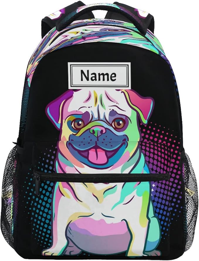 Custom Children's Name School Backpack Personalized Schoolbag Pug Dog Pop Art StyleTravel Bag for Teens Girls Boys
