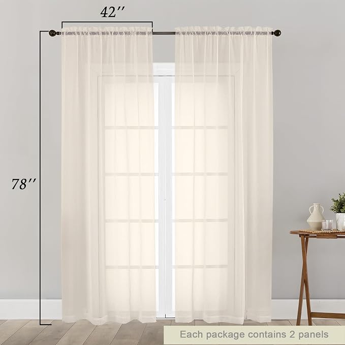 Cream Sheer Curtain for Bedroom Living Room 78 Inches Long 2 Panels Set - Image 2