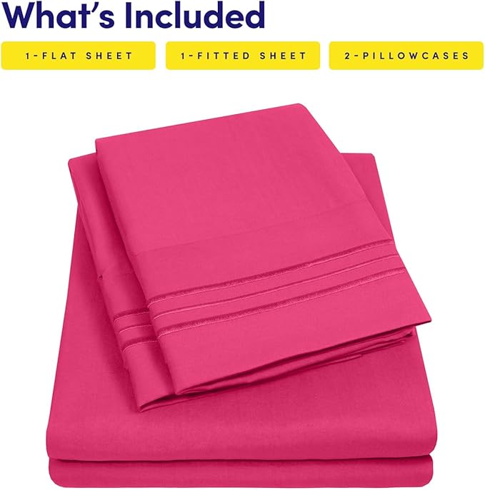 Sweet Home Collection Full Size Sheet Set with Built-in Sheet Straps - Deep Pocket Fitted Sheet, Flat Sheet & Pillowcases - Soft, Wrinkle-Free, Secure Fit - Fuschia