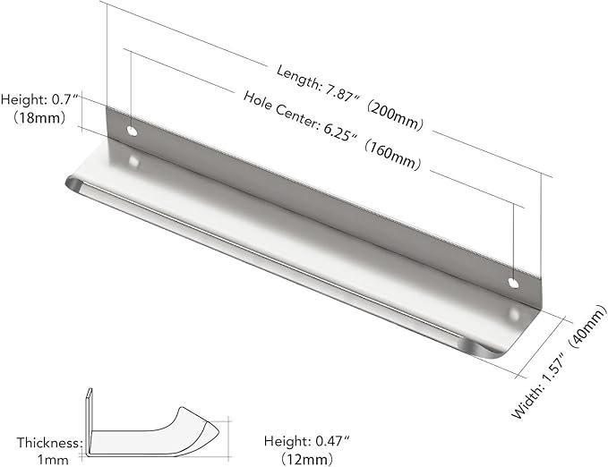 Ravinte Hardware 12 Pack Silver Cabinet Handles, 7.8 Inch (200mm) Finger Edge Pulls, 6-1/4 Inch Hole Center, Finger Pulls for Cabinets