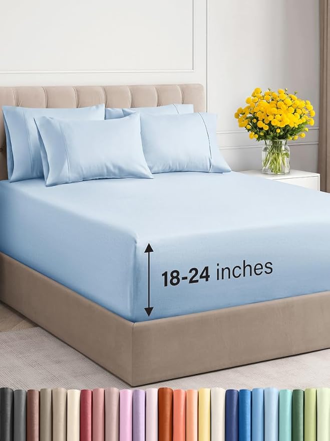Extra Deep Cal King Sheet Set - 6 Piece Breathable and Cooling Sheets - Hotel Luxury Bed Sheets Set - Easy Fit - Soft, Wrinkle Free and Comfy Sheets Set - Sky Blue Sheet Set with Extra Deep Pockets