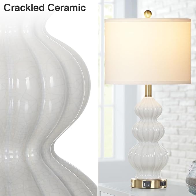Modern White Table Lamps Set of 2 - Bedside Lamps for Night Stands, 26" Triple Gourd Ceramic Lamps for Living Room with USB A+C Ports & AC Outlet,3 Way Touch Lamps for Bedroom (LED Bulbs Included)
