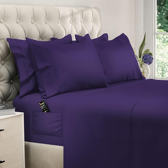 DREAMCARE California King Sheet Sets – 6 pcs Cooling Bed Sheets – up to 15” Deep Cal King Sheets – 2500 Supreme Collection – Extra Soft 100% Brushed Microfiber Hotel Luxury with Side Pocket – Purple