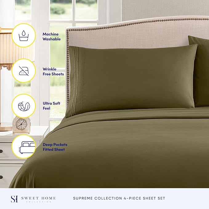 King Size Sheets - Breathable Luxury Bed Sheets with Full Elastic & Secure Corner Straps Built In - 1800 Supreme Collection Extra Soft Deep Pocket Bedding Set, Sheet Set, King, Olive