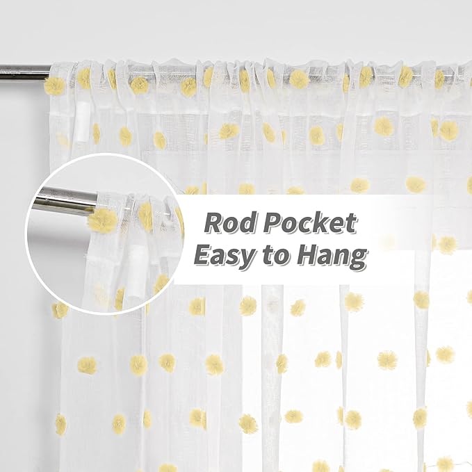 MYSKY HOME Yellow Curtains for Girls Bedroom Nursery Pom Pom Curains for Boys Girls Kids Room White Sheer Curtains for Living Room Playroom Rod Pocket Window 52" x 63" Set of 2