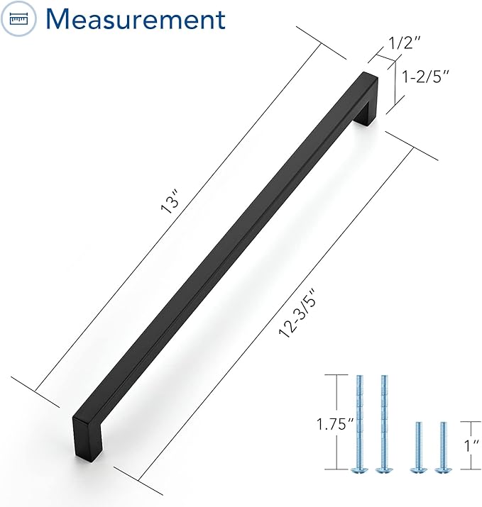 Ravinte 10 Pack Black Cabinet Pulls 12-3/5 Inch Square Cabinet Handles Matte Black Kitchen Hardware for Cabinet Drawer Pulls Come with Screwdriver
