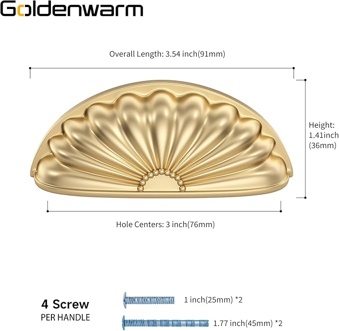 goldenwarm 12 Pack Gold Cabinet Handles Drawer Pulls Finger Edge Pull for Half Moon Cup Luxury Hardware 3" Hole Center Brushed Brass Knobs