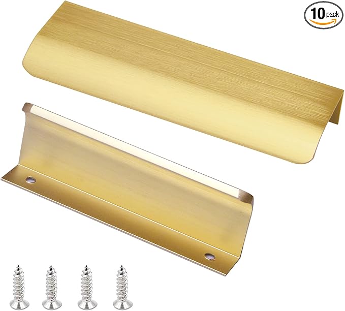 JOOJA 10 Pack Modern Style Finger Edge Pull Furniture DrawerHandles Hidden Cabinet Kitchen Drawer Handles Knobs, Brushed Brass 200(160) mm