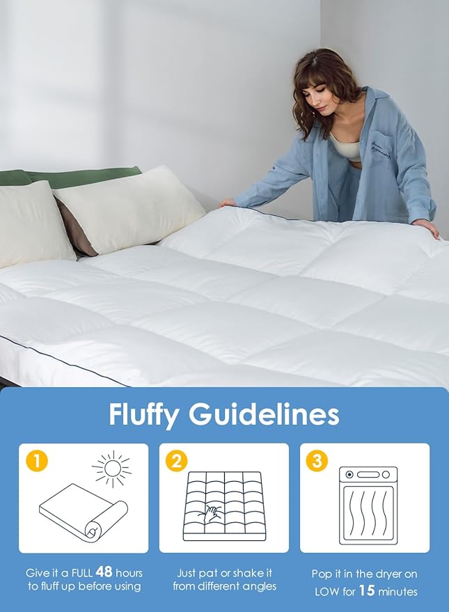 QUEEN ROSE Mattress Topper Twin Size, Pillow Top Extra Thick Mattress Pad, Soft Baffle Box Overfilled Down Alternative for Back Pain, 4 Corner Straps, White