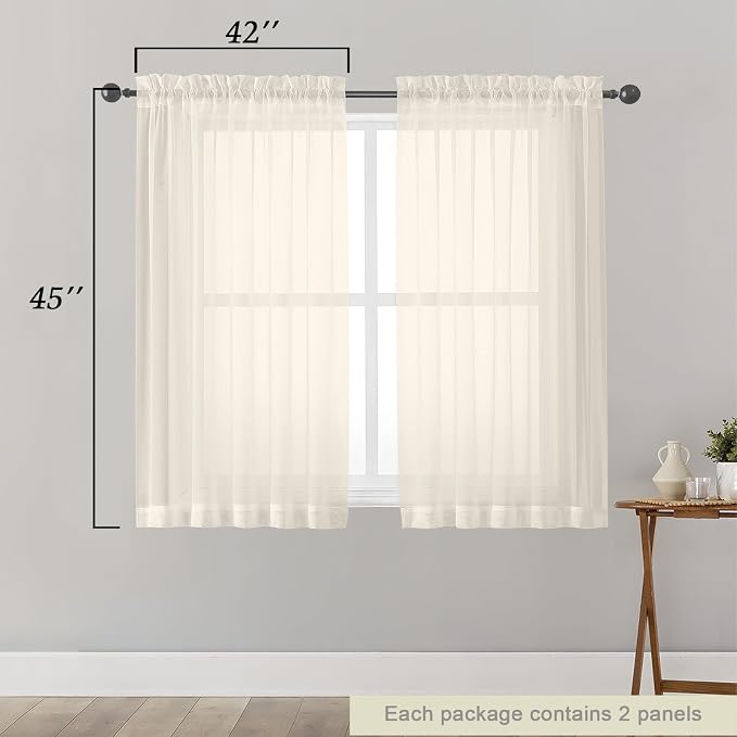 Cream Sheer Curtains for Bedroom Living Room 45 Inch Length 2 Panels, Soft Airy - Image 2