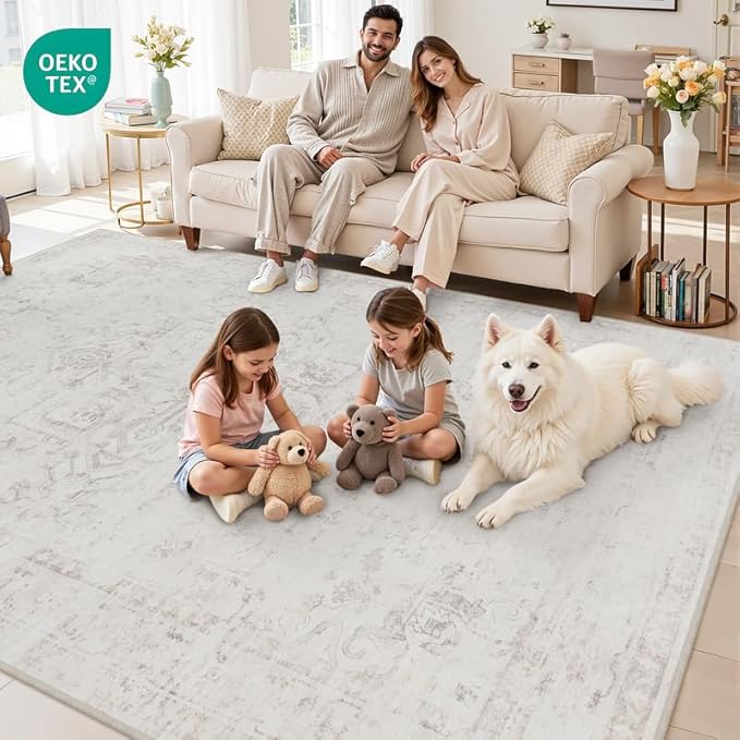 Area Rugs 9x12 Living Room: Bedroom Washable Carpet Neutral Cream | Large - Image 7