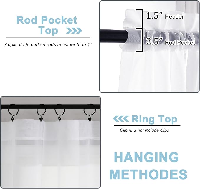 Sheer White Curtains, Sheer Curtains 90 inches Long 2 Panels Set, Rod Pocket - Image 3