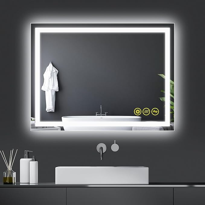 Wall-Mounted LED Square Bathroom Mirror, Makeup Mirror (32 inches x 24 inches,) 3 Color Dimming Bathroom Vanity Mirror with Lights Smart Mirror with Touch (Horizontal/Vertical)