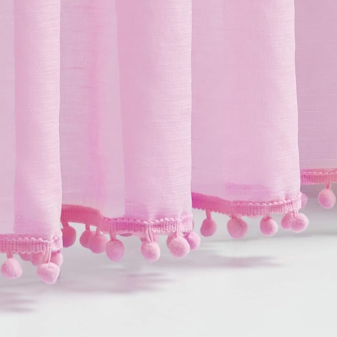 Treatmentex Pom-Pom Sheer Curtains for Bedroom 84 inches Linen Textured Look Pink Sheer Window Draperies for Girl's Room, 52" w x 2 Panels, Red, Rod Pocket