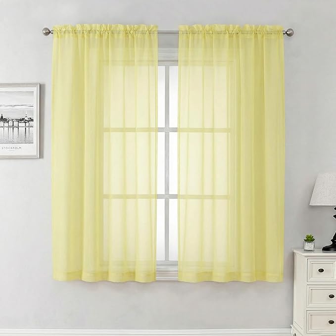Goose Yellow Sheer Curtains 63 Inch Length 2 Panels, Light Filtering Voile by Lecloud