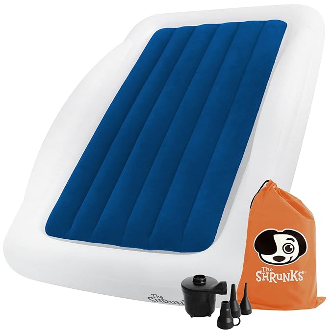 The Shrunks Toddler Travel Bed Portable Inflatable Air Mattress Blow Up Bed for Indoor/Outdoor Camping, Backyard, Hotel, or Home Use Kids/Toddler Floor Bed with Side Bed Rails and Electric Pump Blue