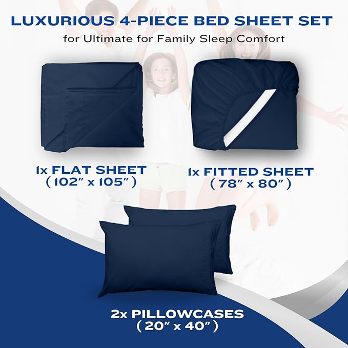 DREAMCARE King Size Sheets Set – 4 pcs Cooling Sheets – up to 21” Deep Pocket King Sheet Set – Hotel Luxury Sheets & Pillowcases – Superior Softness 100% Fine Microfiber with Side Pocket – Navy Blue