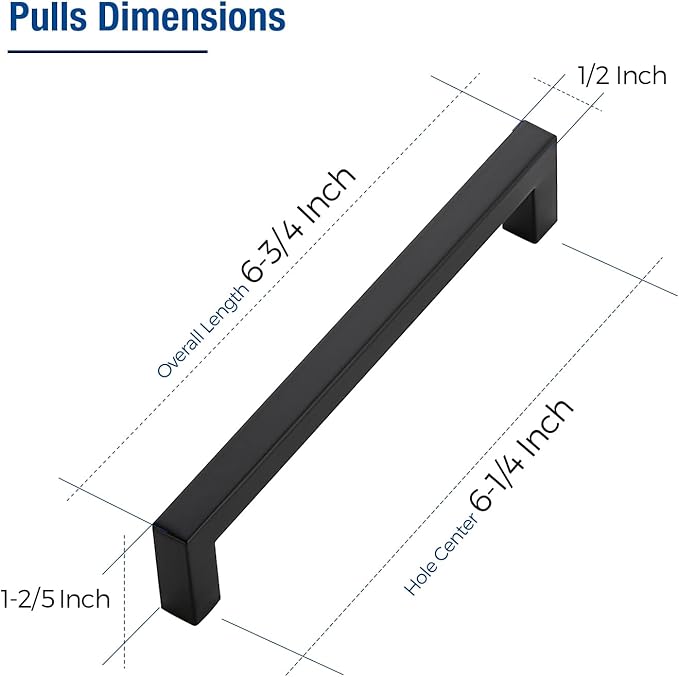JOY DECOR 15 Pack Cabinet Handles, Black Cabinet Pulls, 6-1/4 Inch Kitchen Closet Handles Square Drawer Pulls Stainless Steel Drawer Hardware, 160mm Hole Centers