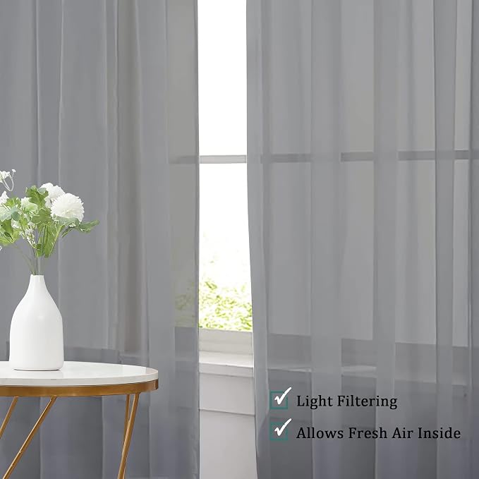 Chyhomenyc Sheer Curtains 63 Inch Length 2 Panels, Charcoal Grey | Light - Image 7