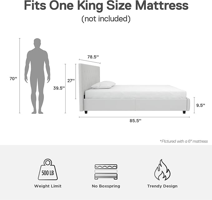 DHP Dakota Upholstered Platform Bed with Diamond Button Tufted Headboard and Footboard, No Box Spring Needed, King, White Faux Leather