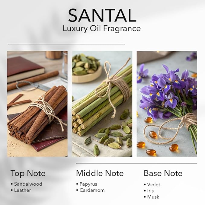 Santal Diffuser Oil, 3.3 Fl Oz, 100 mL, Diffuser Fragrance Oil for Home, Bathroom & Office, Aromatherapy Blend of Natural Essential Oil, Sandalwood & Musk Scent.
