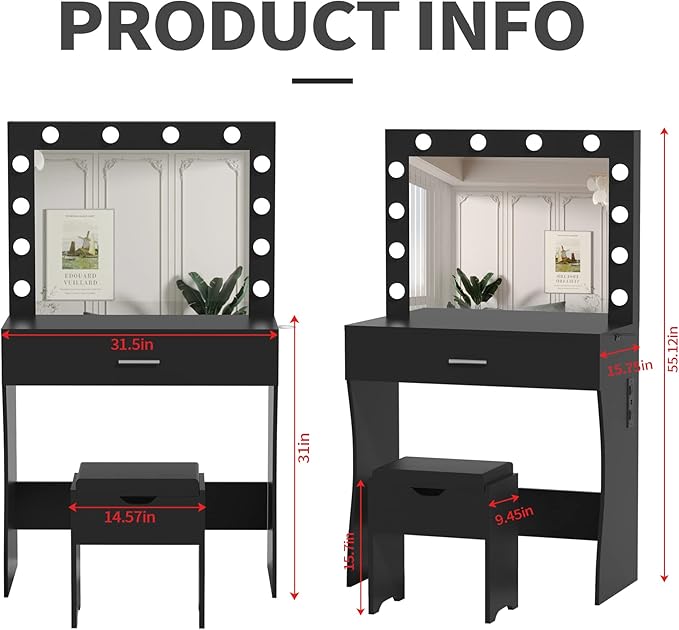 Vanity Table Set with Lighted Mirror - Makeup Vanity with Charging Station, Large Drawer Sturdy Wood Vanity with Lights, 3 Color Modes, Adjustable Brightness，Black